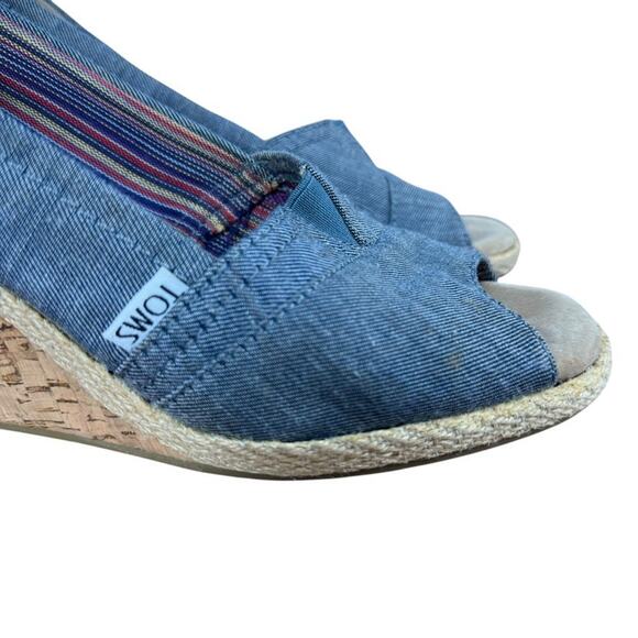 Toms Cork Espadrille Wedge Blue Denim Peep Toe Slip On Shoes Womens sz 7.5 - Picture 13 of 16